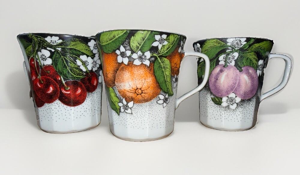 Chodziez Paneled Mugs White Flowers Red Fruit Floral Made in Poland Set Of 3
